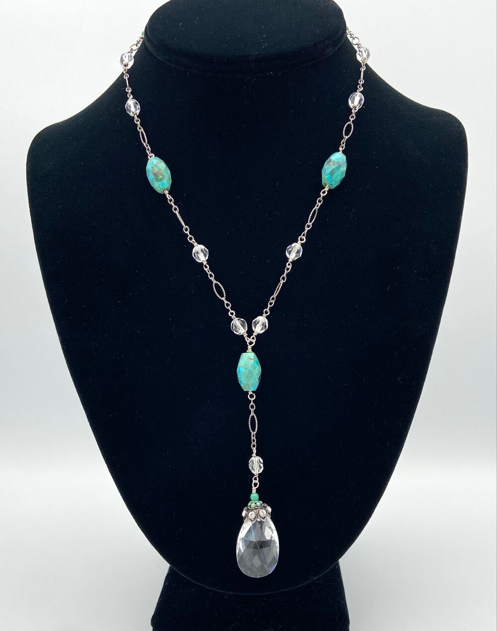 Barse Sterling Silver Turquoise Lariat Y Necklace Clear Crystal Accents 925